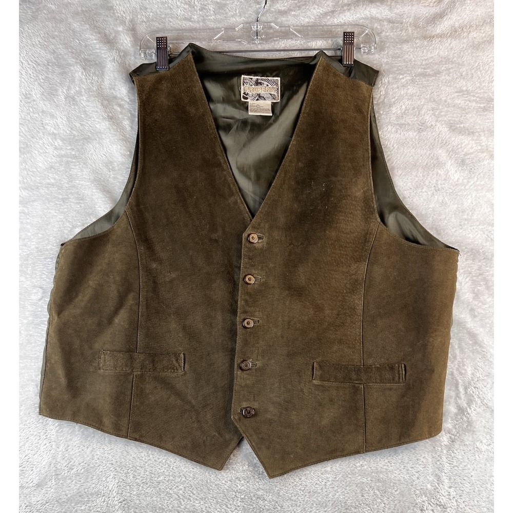 Vintage Property Men's Western Brown Leather Nylon Button Vest Size L Pockets